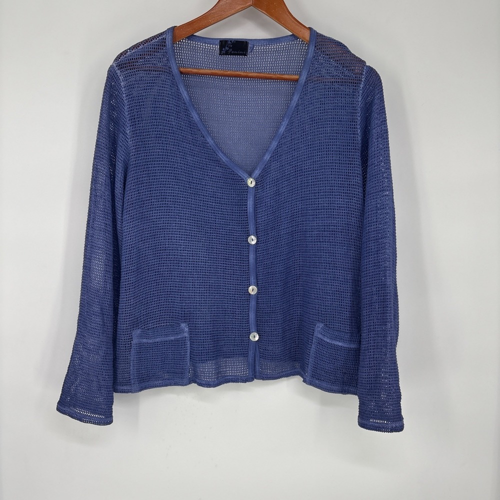 Fenini Womens Open Weave Button Up Top M Blue‎ Pockets Cotton Indie Resort USA